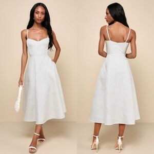 Lulus Meet for Tea White Jacquard Bustier Midi Dress With Pockets S Wedding